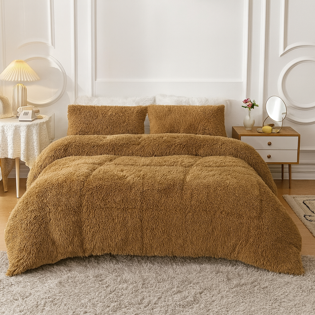 4-Piece Shaggy Comforter Set - Camel