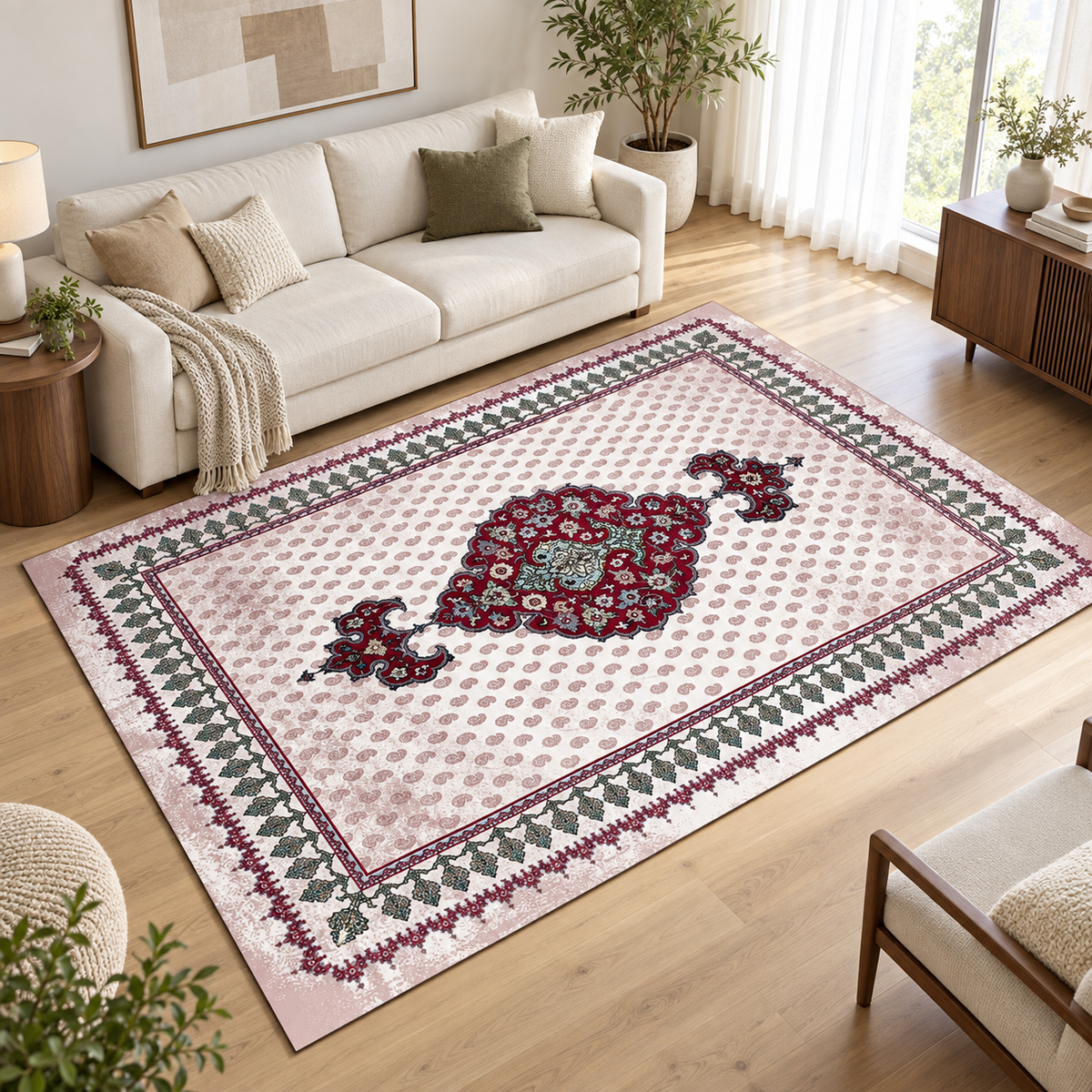 Rubina – SuperSoft Velvet Rug, Ivory, Red & Green Classic Design (SV-113)