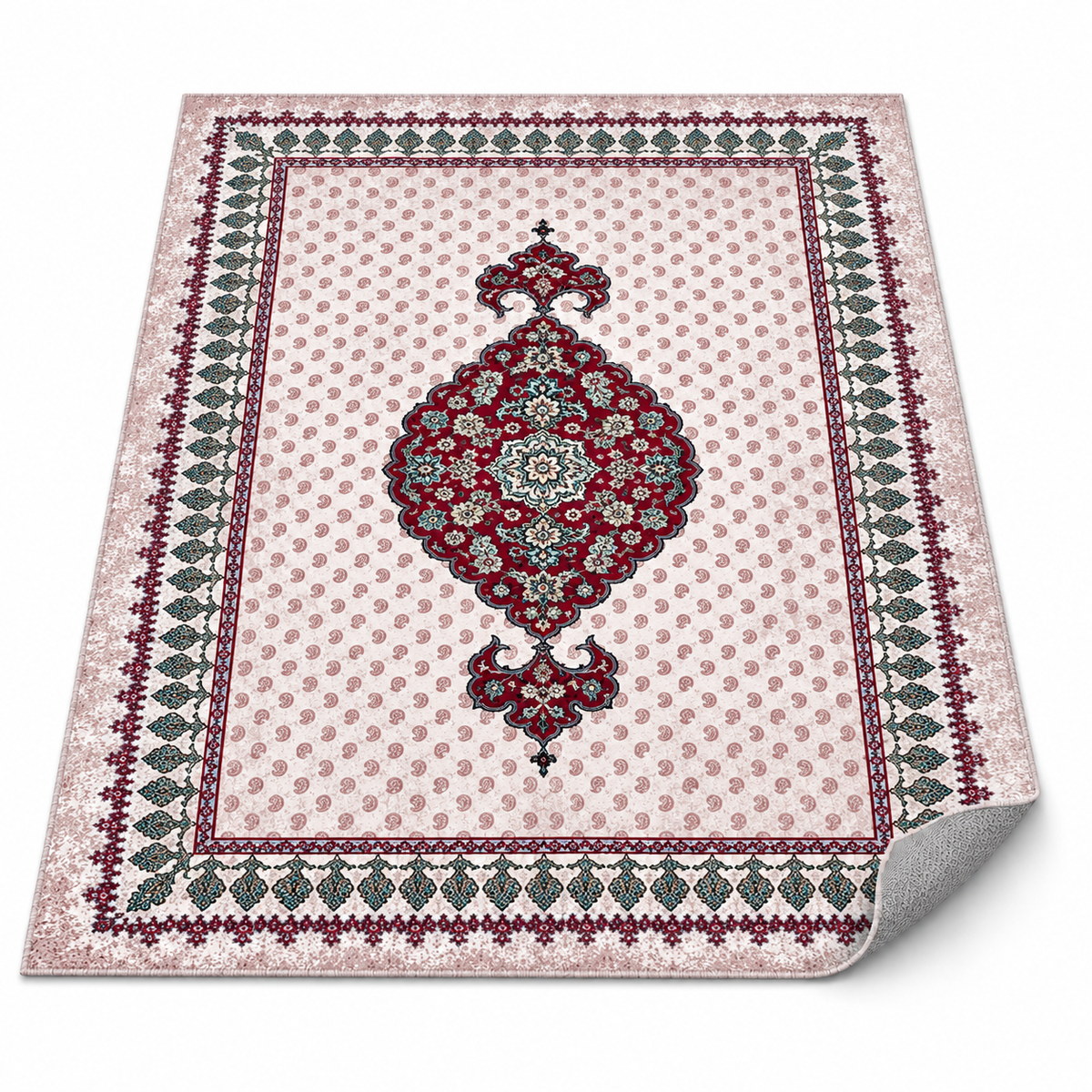 Rubina – SuperSoft Velvet Rug, Ivory, Red & Green Classic Design (SV-113)