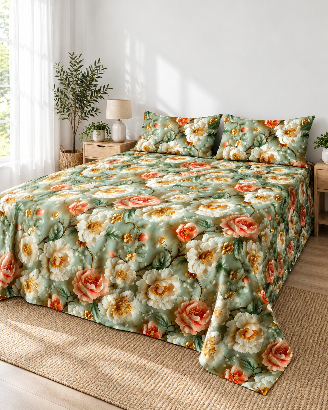 Sage Serenity | Ultra HD Digital Printed Bedsheets - 008
