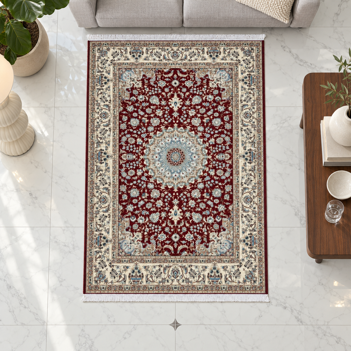 Ruby – Luxury Velvet Rug, Burgundy & Cream Traditional Design (LVC-510)