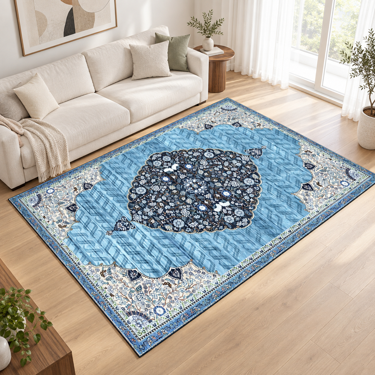 Nilofar– SuperSoft Velvet Rug, Blue & Navy Classic Design (SV-108)