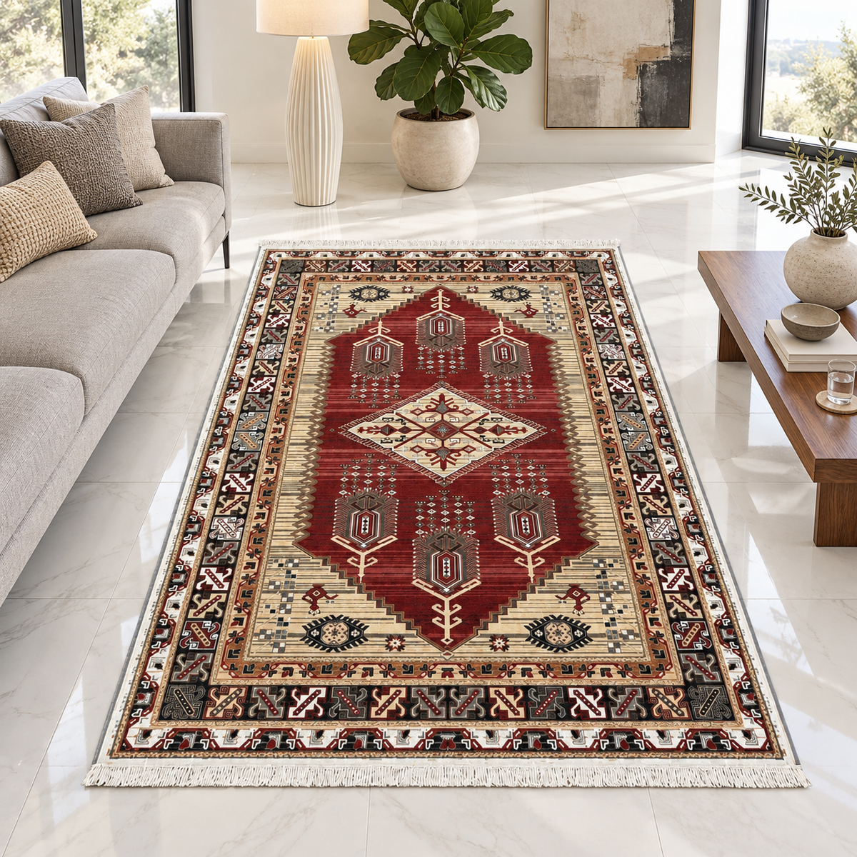 Carnelian – Luxury Velvet Rug, Red & Cream Tribal Design (LVT-405)