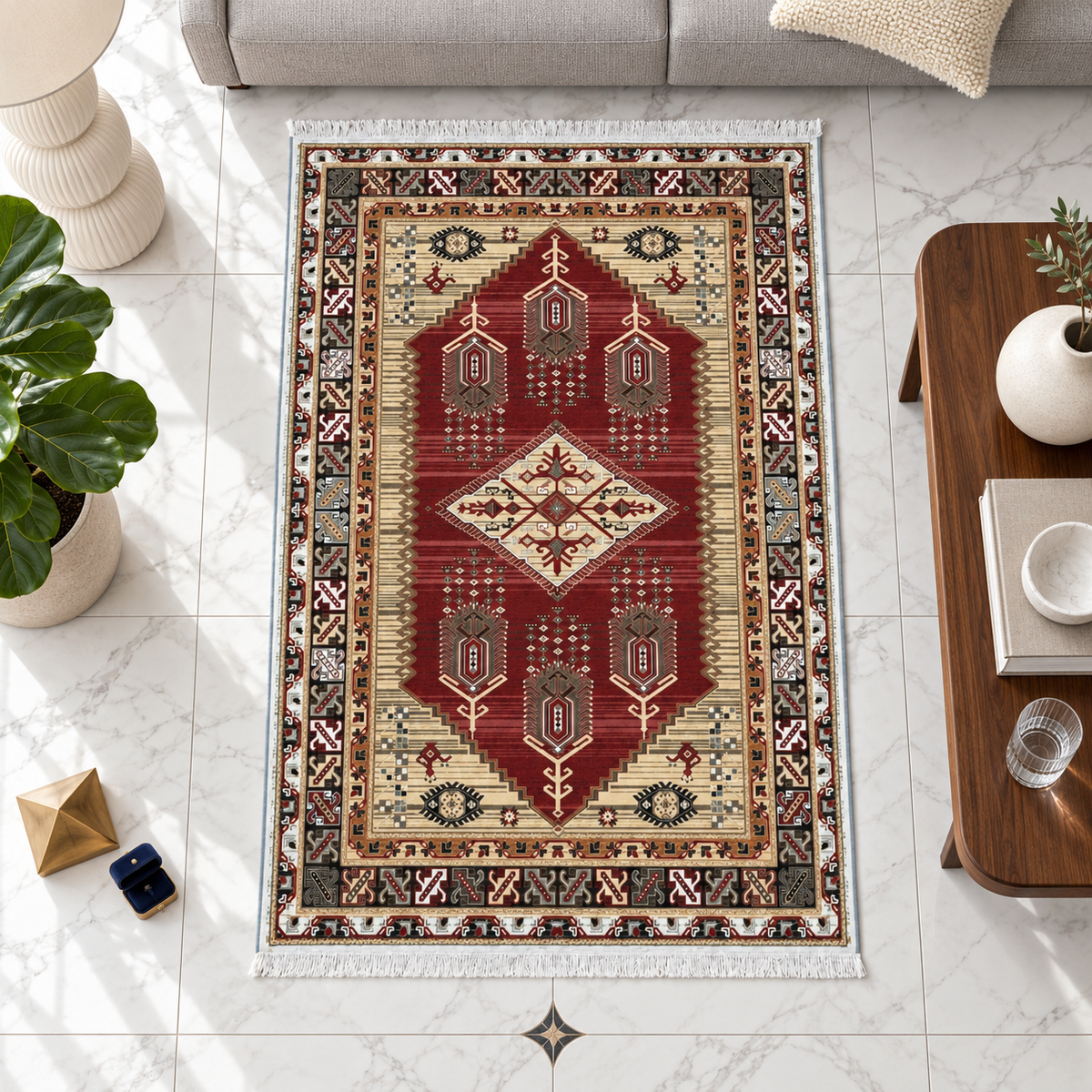Carnelian – Luxury Velvet Rug, Red & Cream Tribal Design (LVT-405)