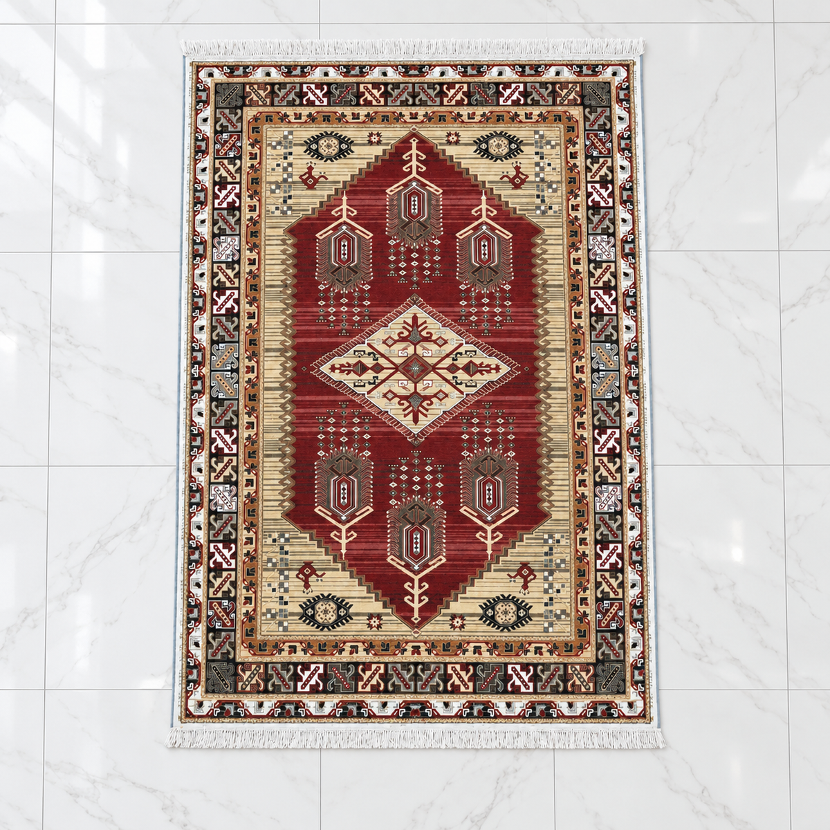 Carnelian – Luxury Velvet Rug, Red & Cream Tribal Design (LVT-405)
