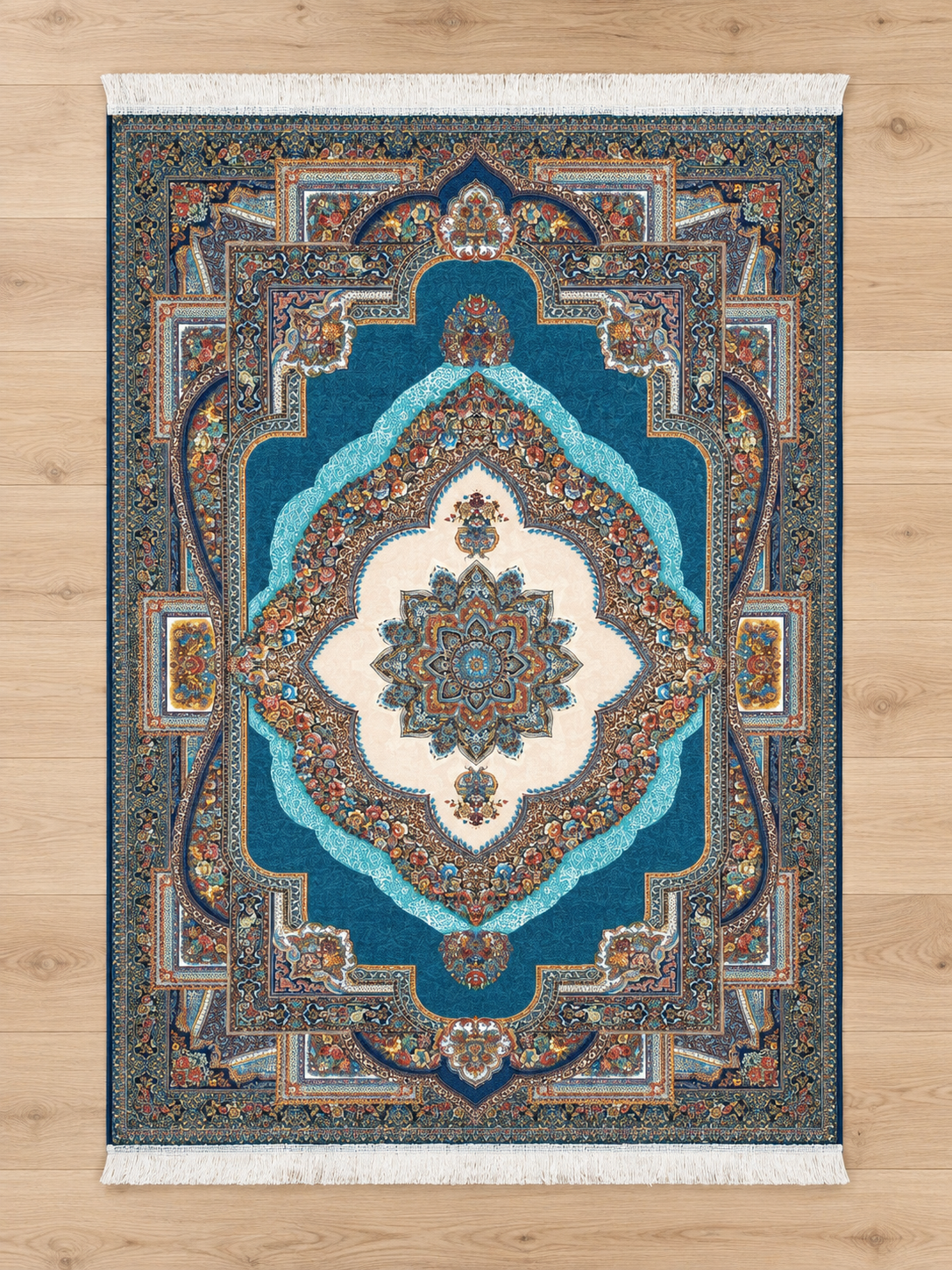 Lagoon – Luxury Velvet Rug, Teal & Ivory Traditional Design (LVT-406)