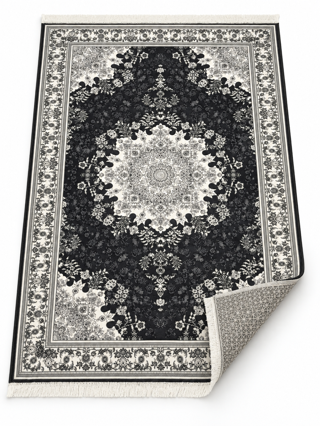 Diamond – Luxury Velvet Rug, Black & White Traditional Design (LVT-401)