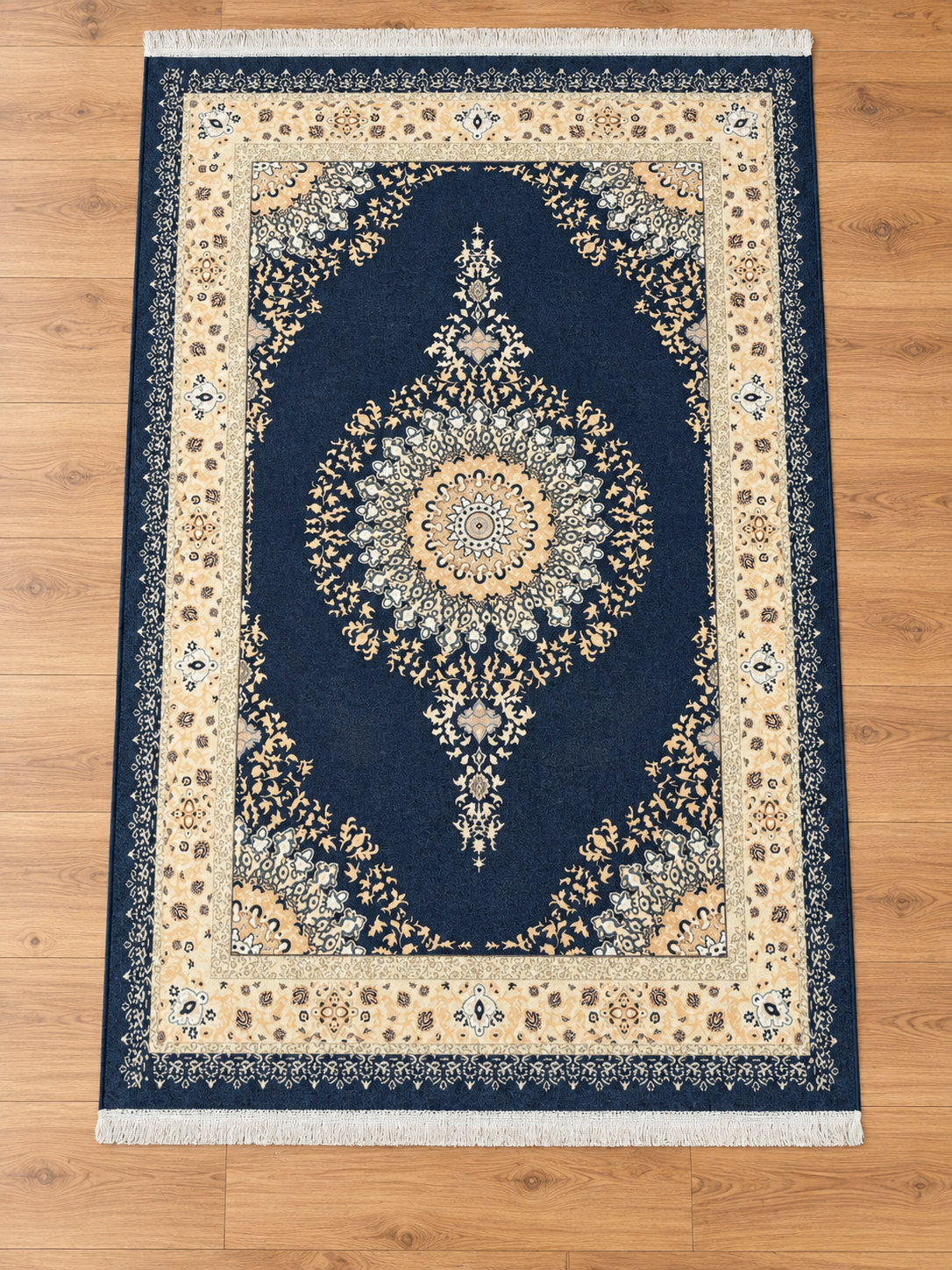 Nilam Mahal – Luxury Velvet Rug, Navy & Cream Traditional Design (LVT-404)
