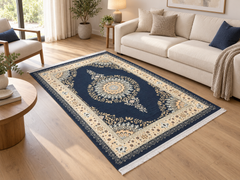 Nilam Mahal – Luxury Velvet Rug, Navy & Cream Traditional Design (LVT-404)