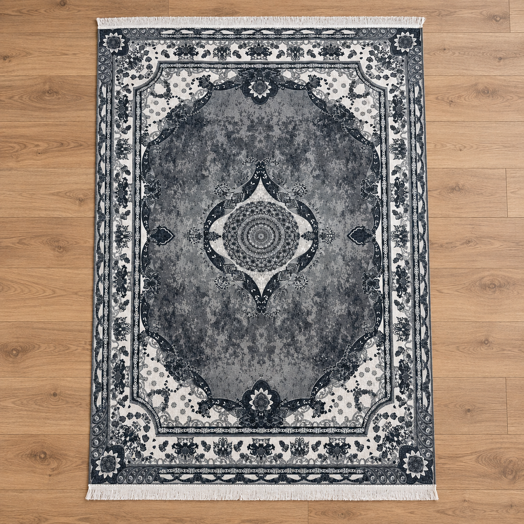 Slate – Luxury Velvet Rug, Grey & Ivory Traditional Design (LVT-408)