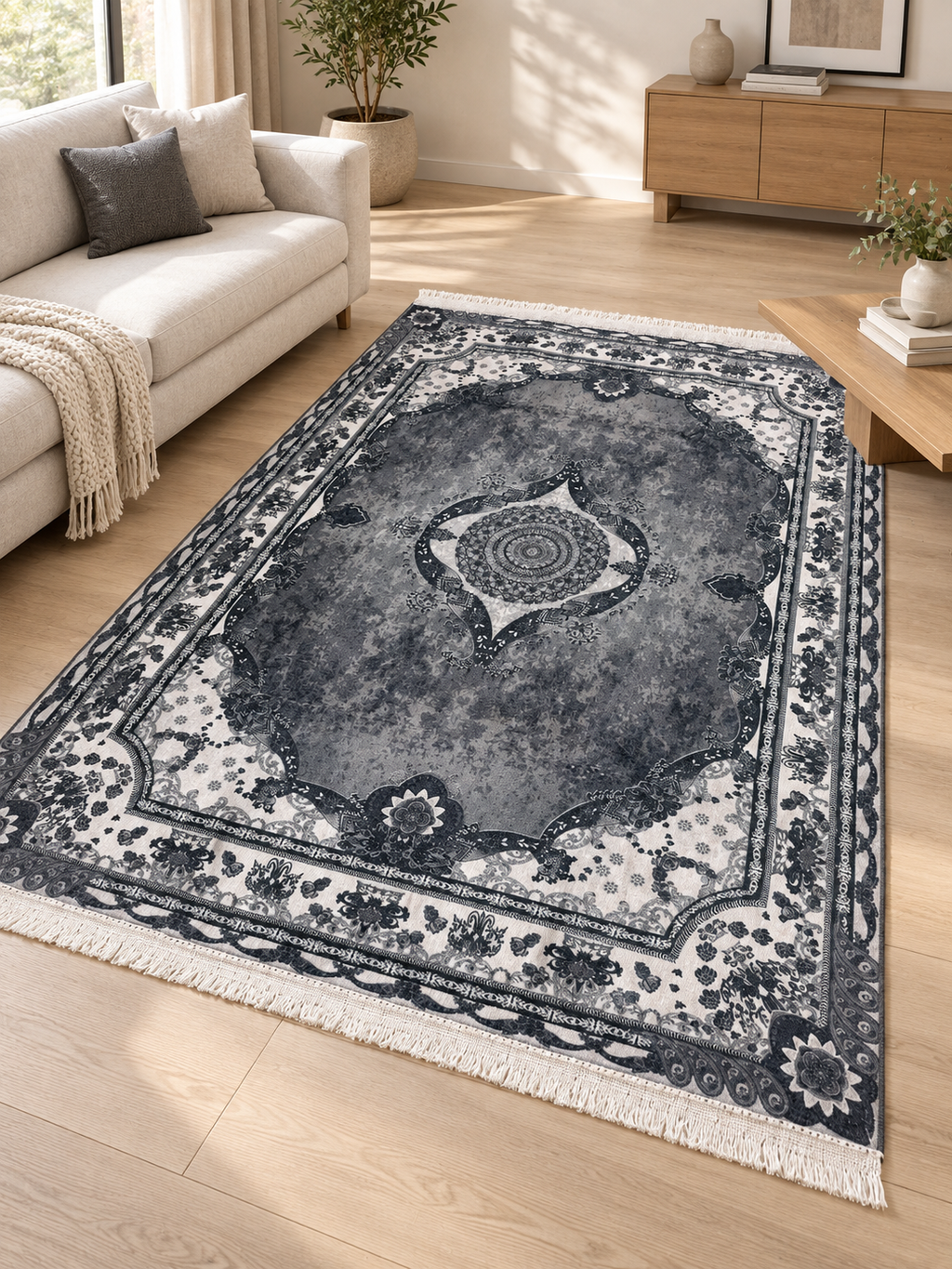 Slate – Luxury Velvet Rug, Grey & Ivory Traditional Design (LVT-408)