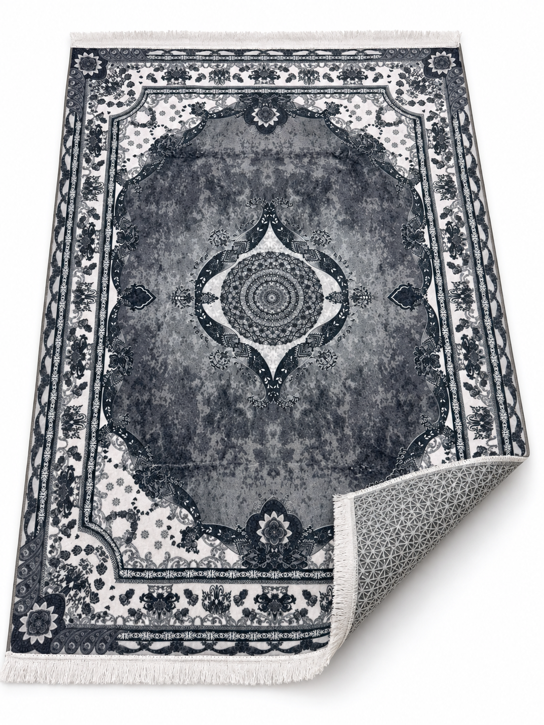 Slate – Luxury Velvet Rug, Grey & Ivory Traditional Design (LVT-408)