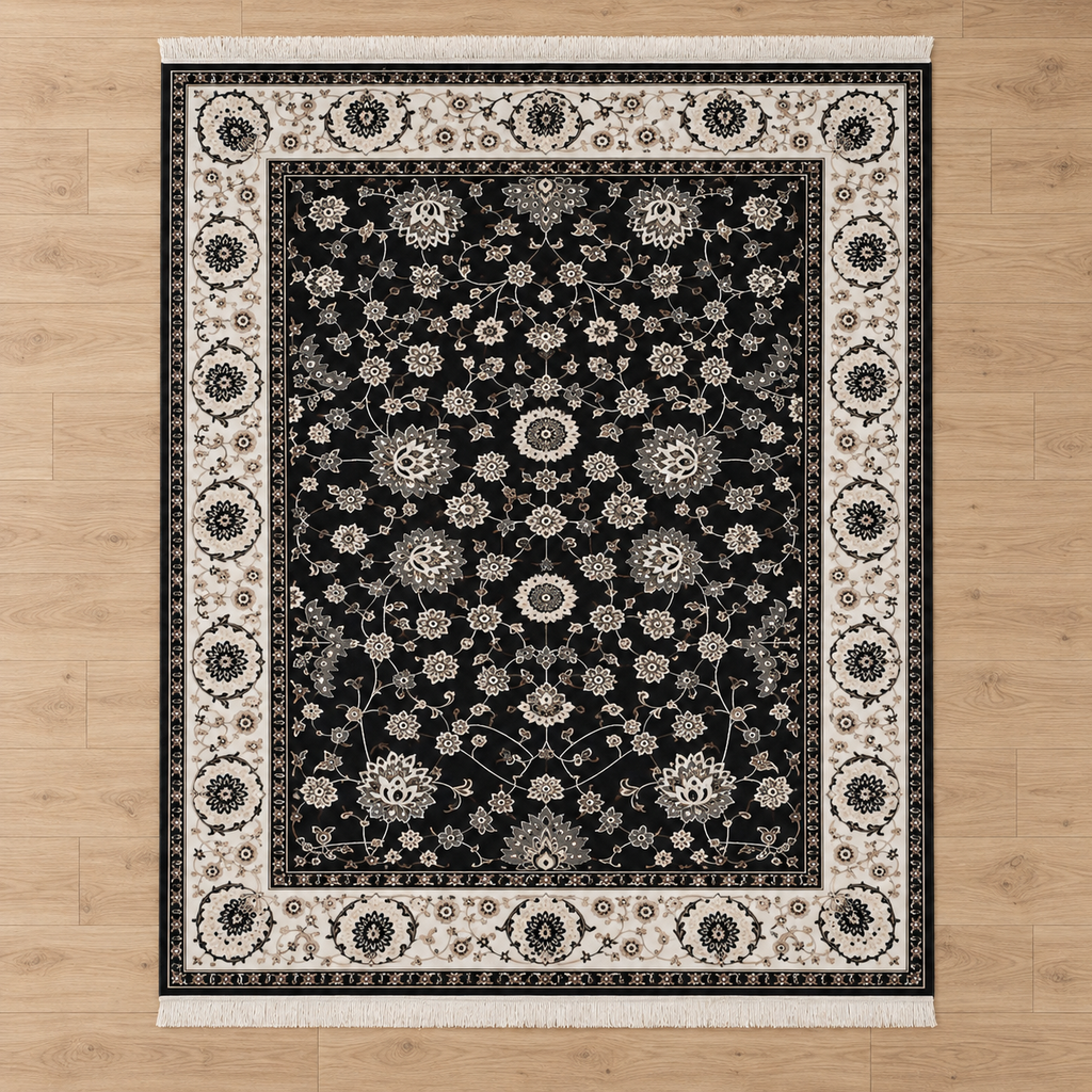 Raven– Luxury Velvet Rug, Black & Ivory Traditional Design (LVT-409)