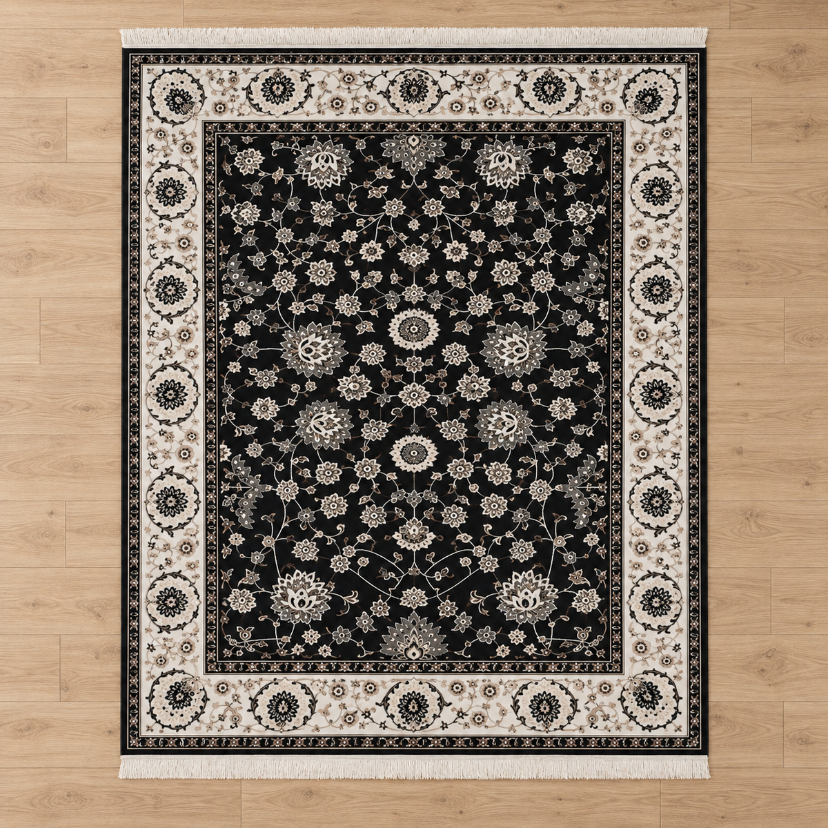 Raven– Luxury Velvet Rug, Black & Ivory Traditional Design (LVT-409)