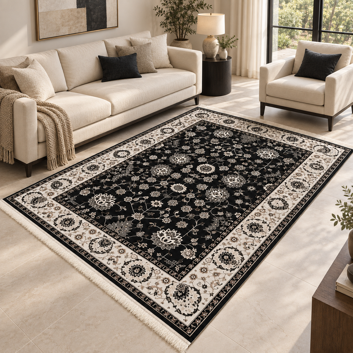 Raven– Luxury Velvet Rug, Black & Ivory Traditional Design (LVT-409)