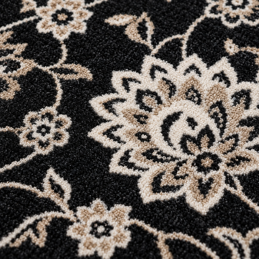 Raven– Luxury Velvet Rug, Black & Ivory Traditional Design (LVT-409)