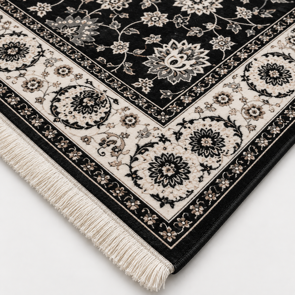 Raven– Luxury Velvet Rug, Black & Ivory Traditional Design (LVT-409)