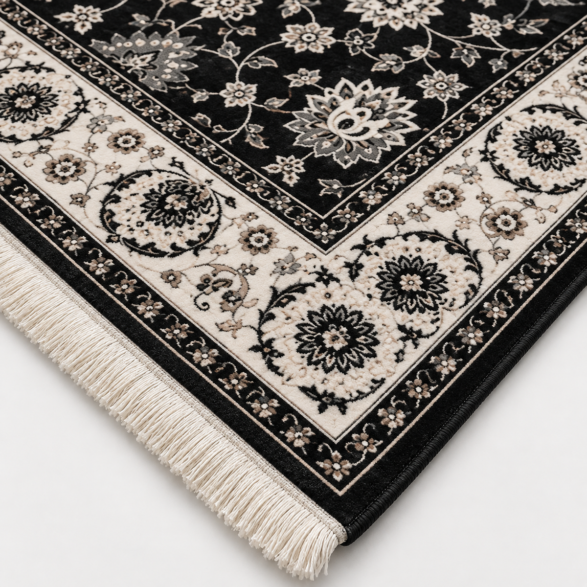 Raven– Luxury Velvet Rug, Black & Ivory Traditional Design (LVT-409)
