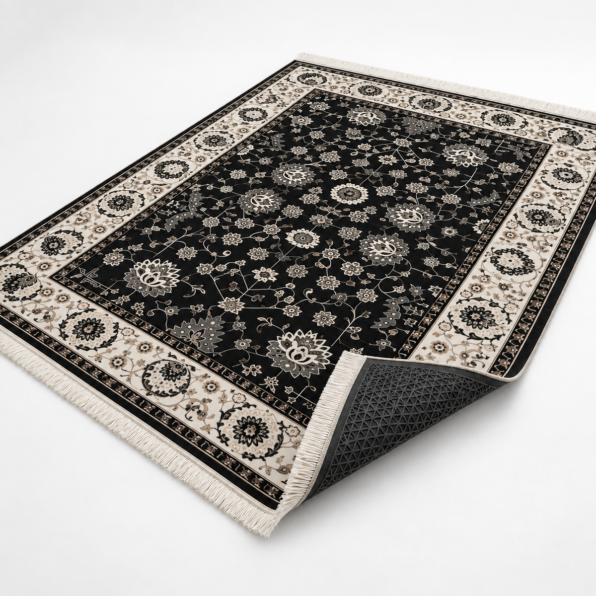 Raven– Luxury Velvet Rug, Black & Ivory Traditional Design (LVT-409)