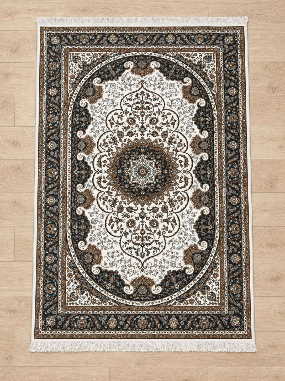 Pearl – Luxury Velvet Rug, Cream & Black Traditional Design (LVB-305)