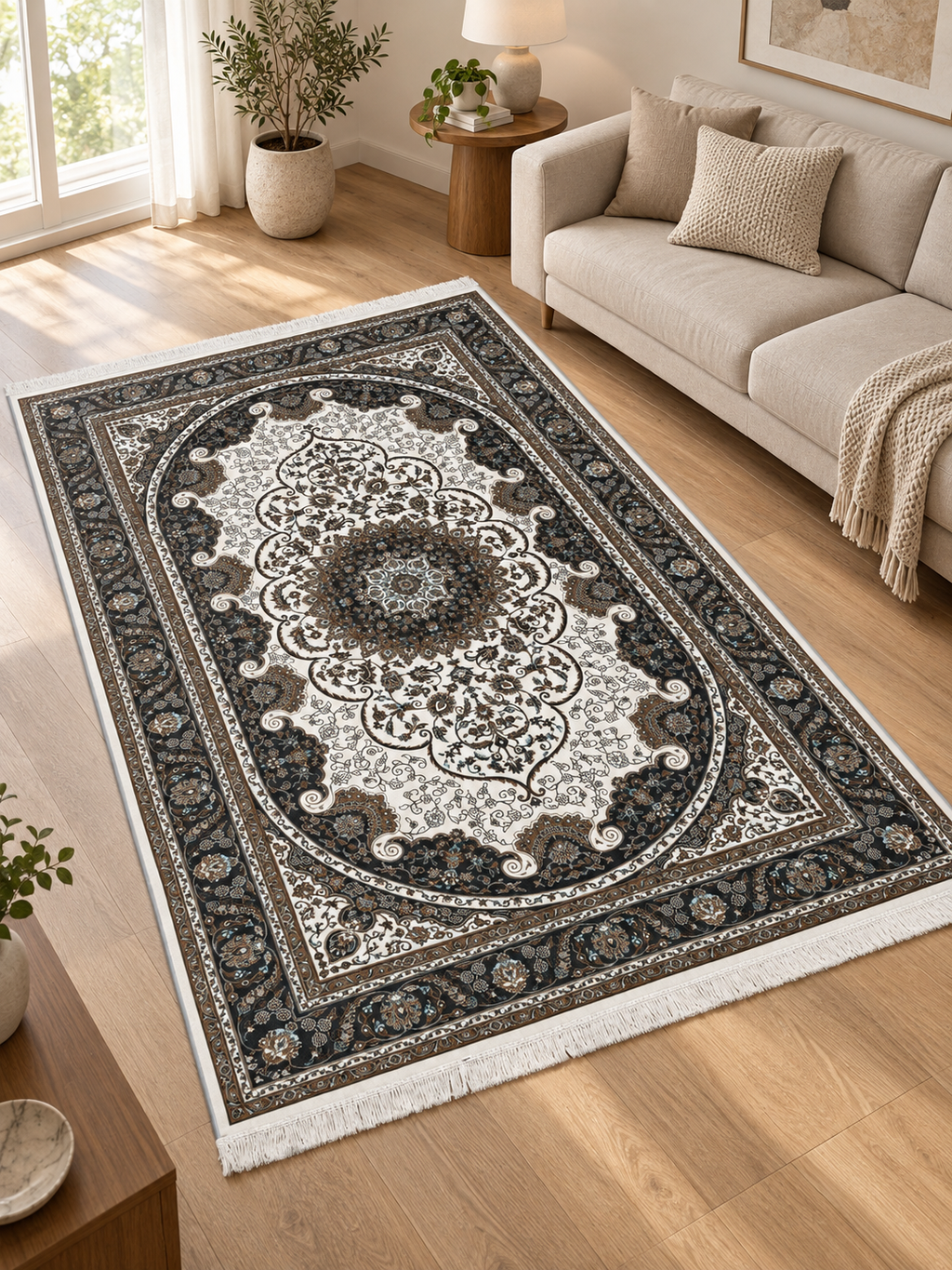 Pearl – Luxury Velvet Rug, Cream & Black Traditional Design (LVB-305)