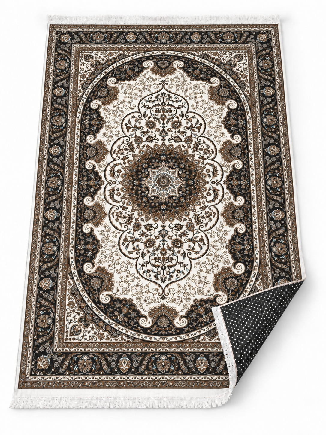 Pearl – Luxury Velvet Rug, Cream & Black Traditional Design (LVB-305)