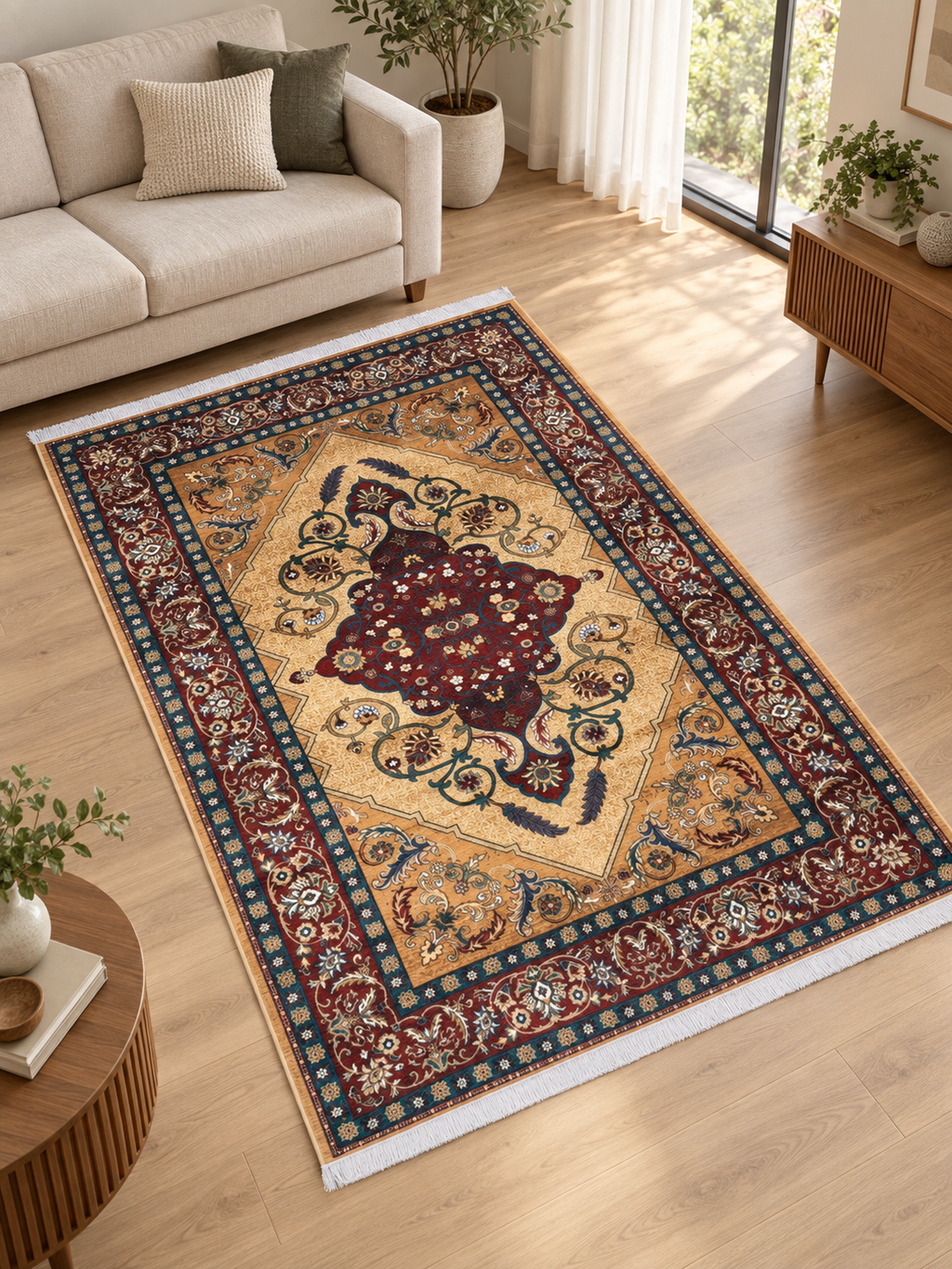 Amber – Luxury Velvet Rug, Gold & Maroon Traditional Design (LVB-304)