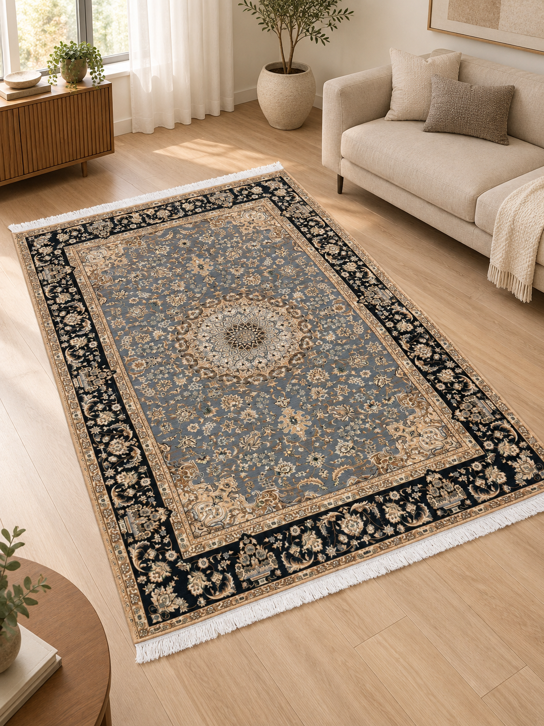 Moonstone – Luxury Velvet Rug, Grey & Black Persian Design (LVB-302)