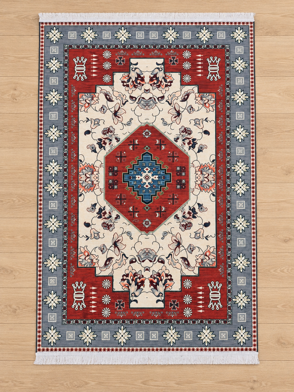 Gul-e-Lal – Luxury Velvet Rug, Red & Blue-Grey Traditional Design (LVC-503)