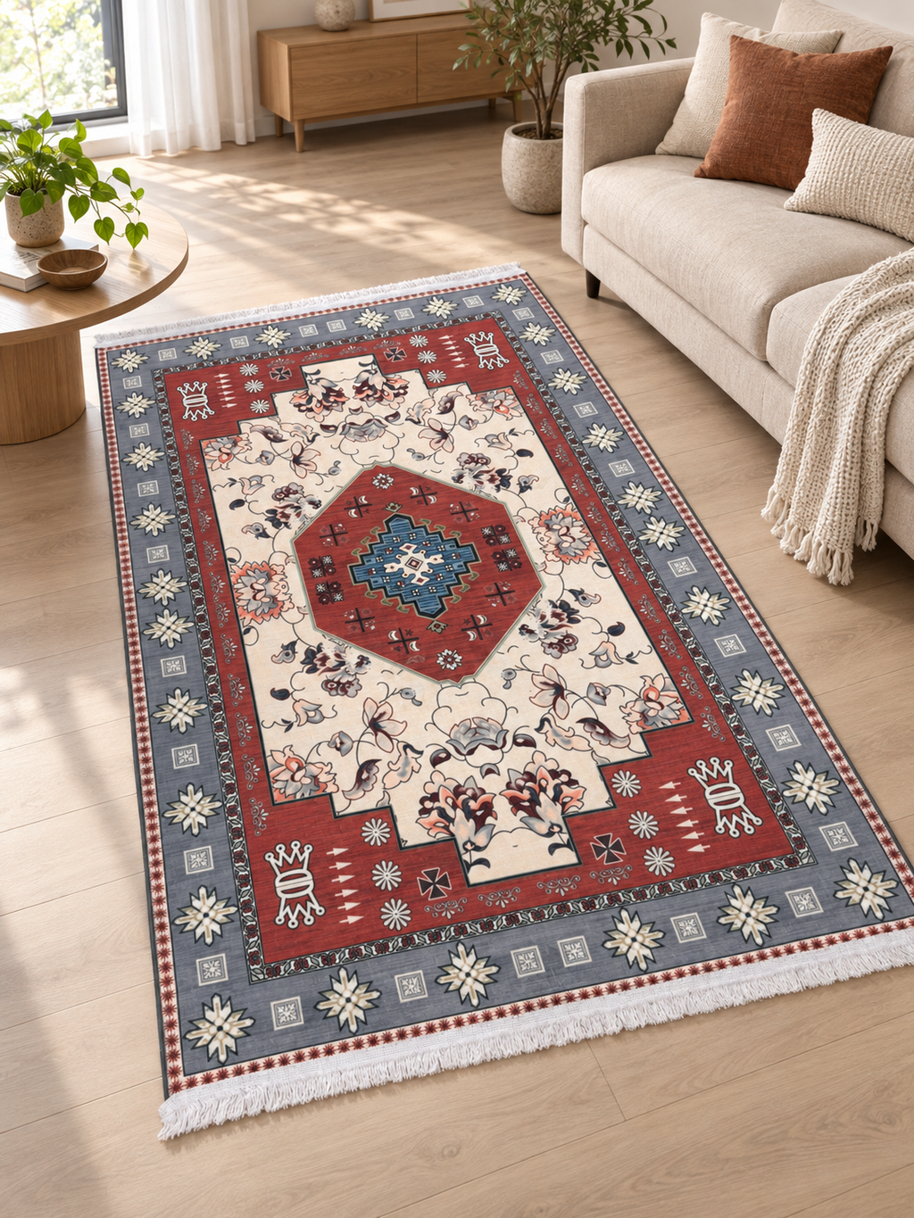 Gul-e-Lal – Luxury Velvet Rug, Red & Blue-Grey Traditional Design (LVC-503)