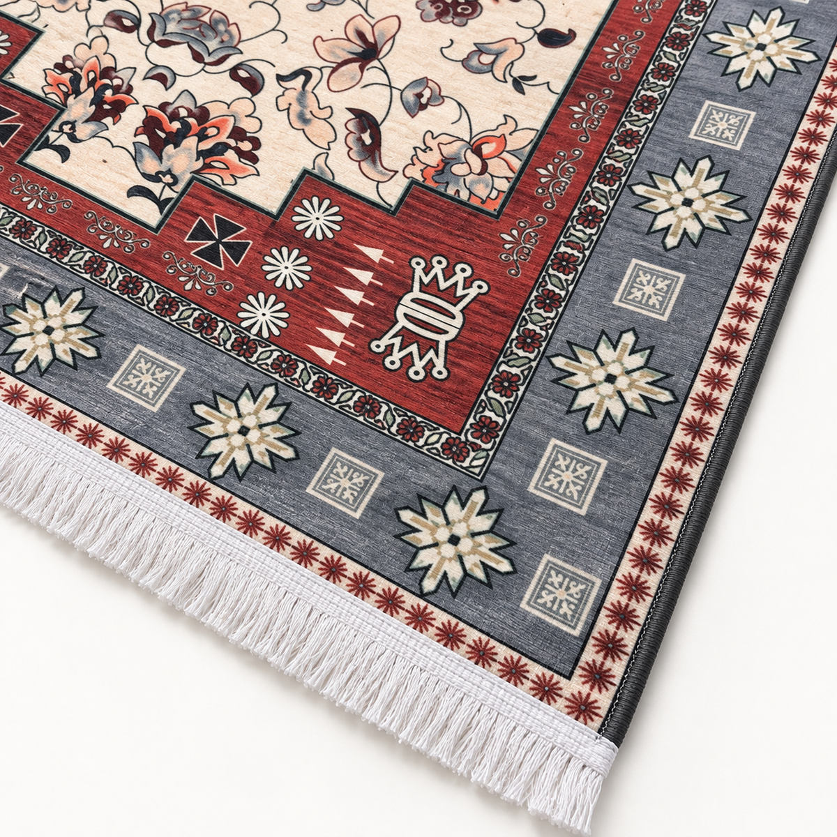 Gul-e-Lal – Luxury Velvet Rug, Red & Blue-Grey Traditional Design (LVC-503)