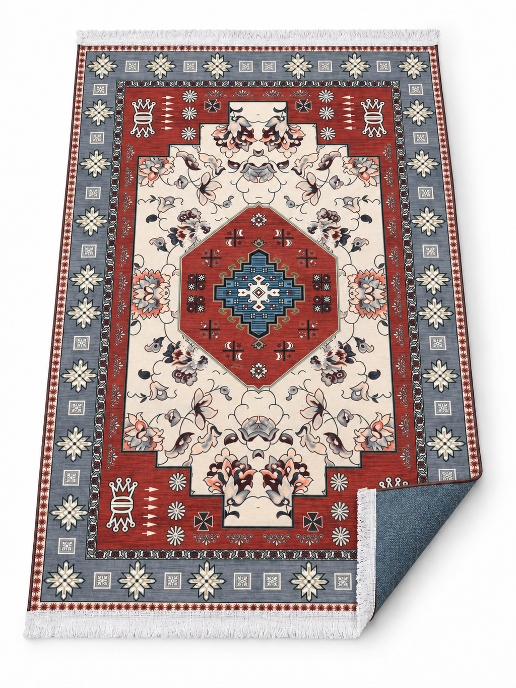 Gul-e-Lal – Luxury Velvet Rug, Red & Blue-Grey Traditional Design (LVC-503)