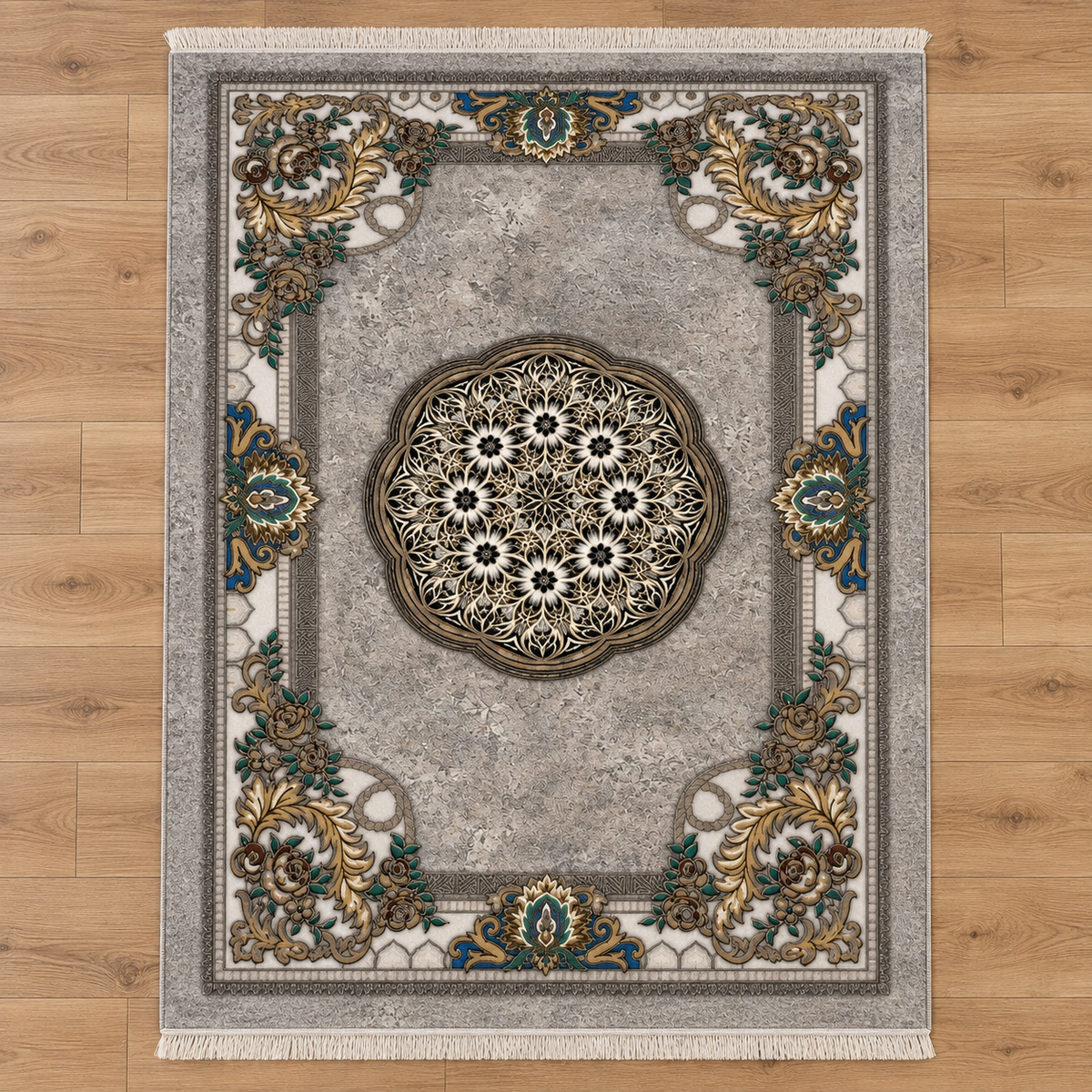 Pewter – Luxury Velvet Rug, Grey & Gold Classic Design (LVC-299)