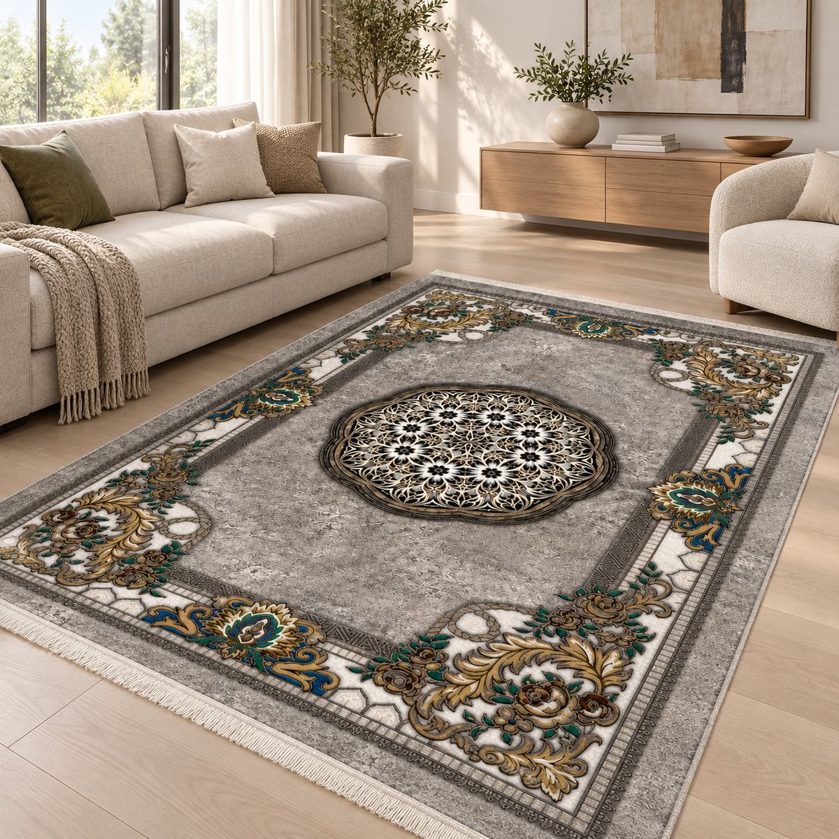 Pewter – Luxury Velvet Rug, Grey & Gold Classic Design (LVC-299)