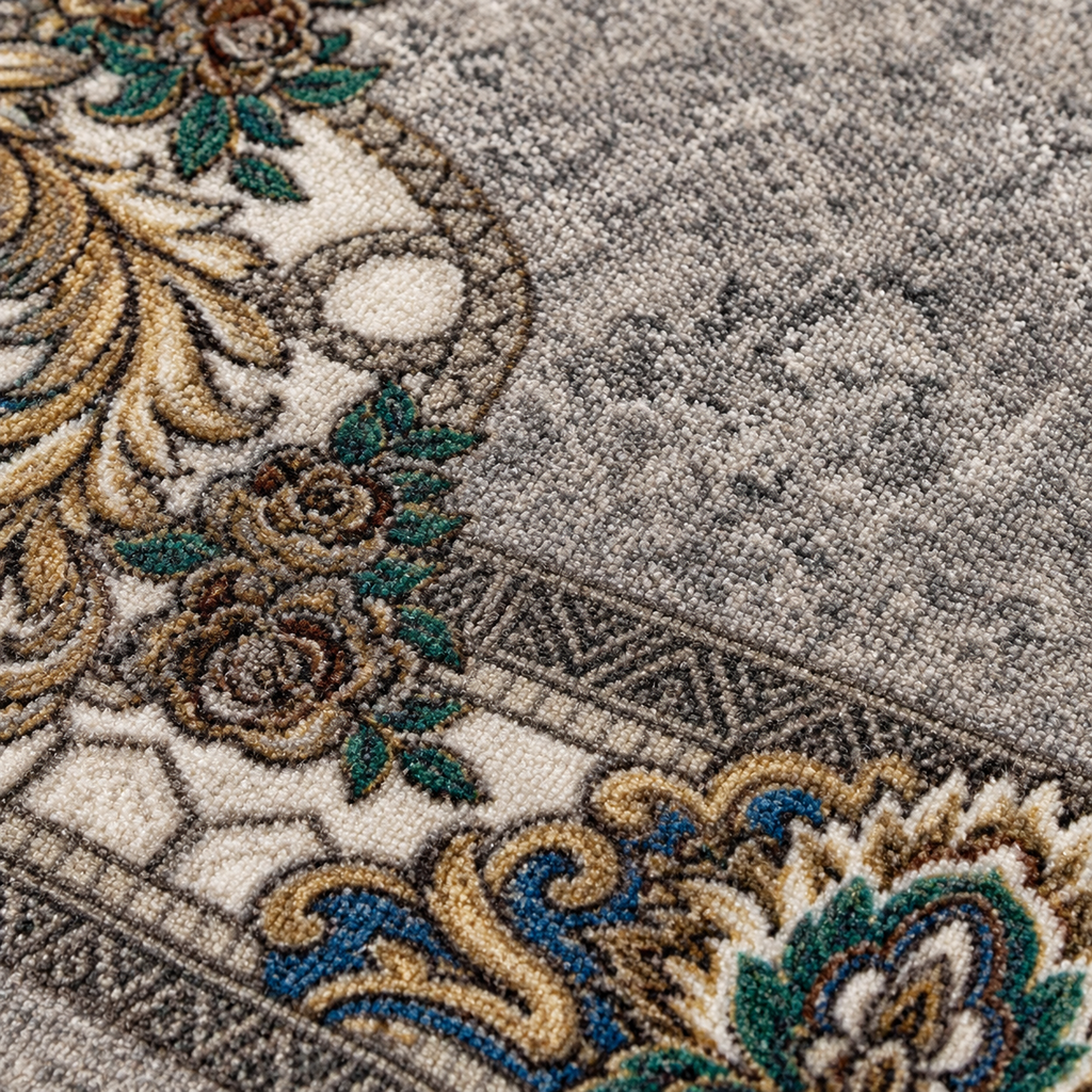 Pewter – Luxury Velvet Rug, Grey & Gold Classic Design (LVC-299)