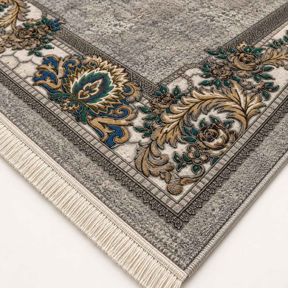 Pewter – Luxury Velvet Rug, Grey & Gold Classic Design (LVC-299)