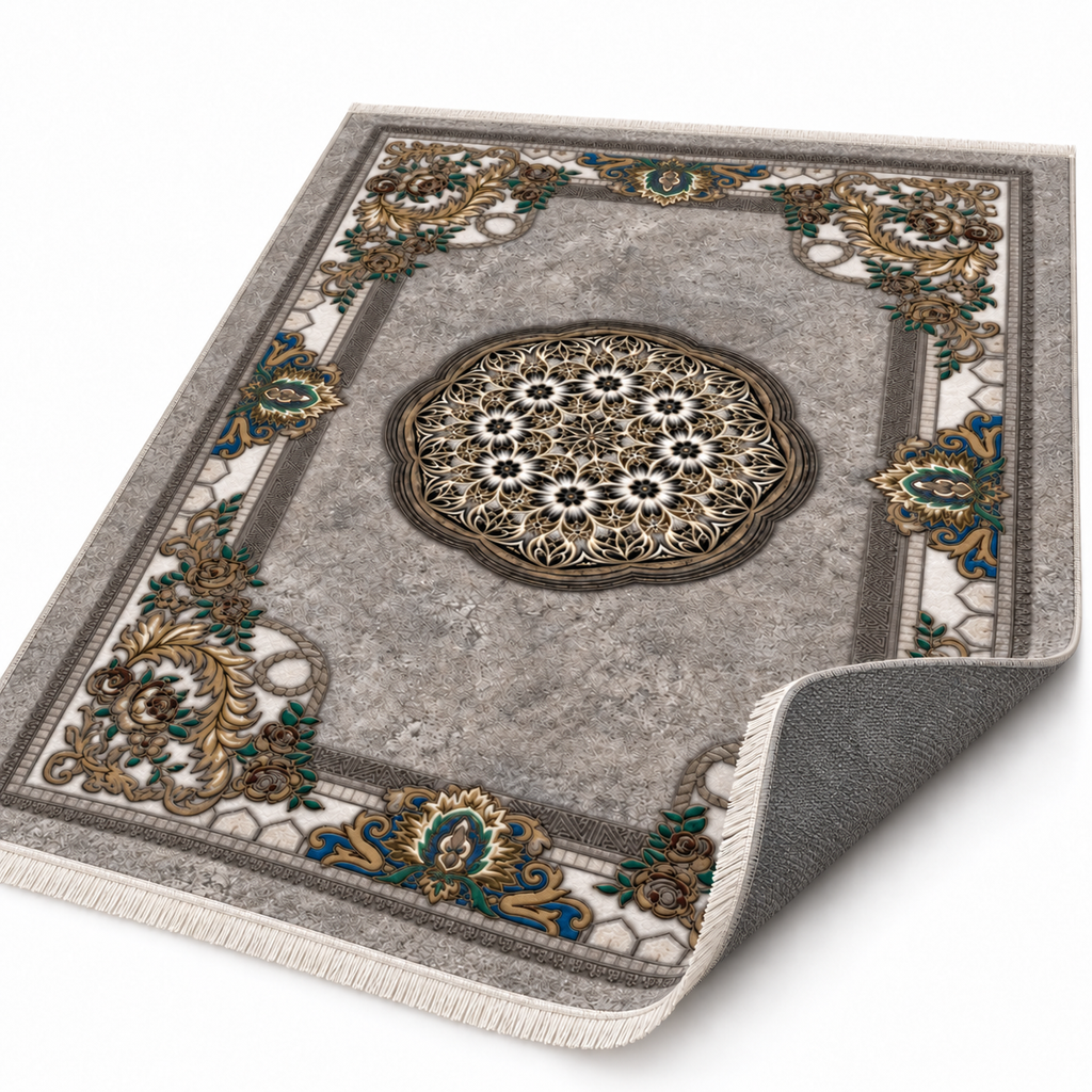 Pewter – Luxury Velvet Rug, Grey & Gold Classic Design (LVC-299)