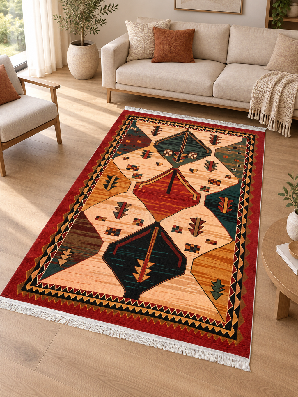 Vintage– Luxury Velvet Rug, Red & Cream Classic Design (LVC-300)