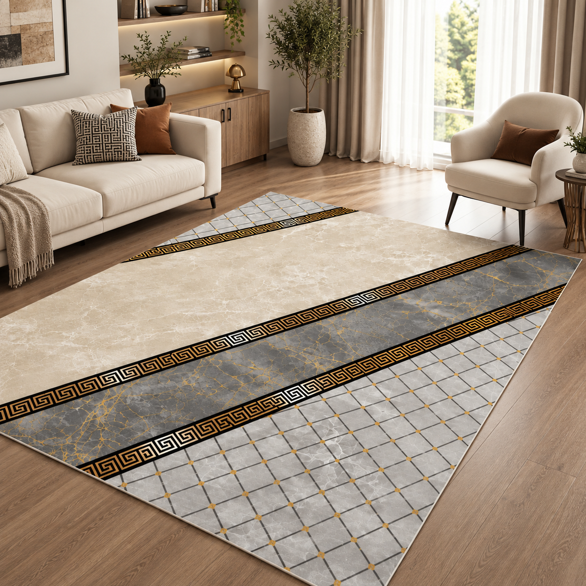 Travertine – Modern Rug, Beige & Grey Marble Design (MD-202)