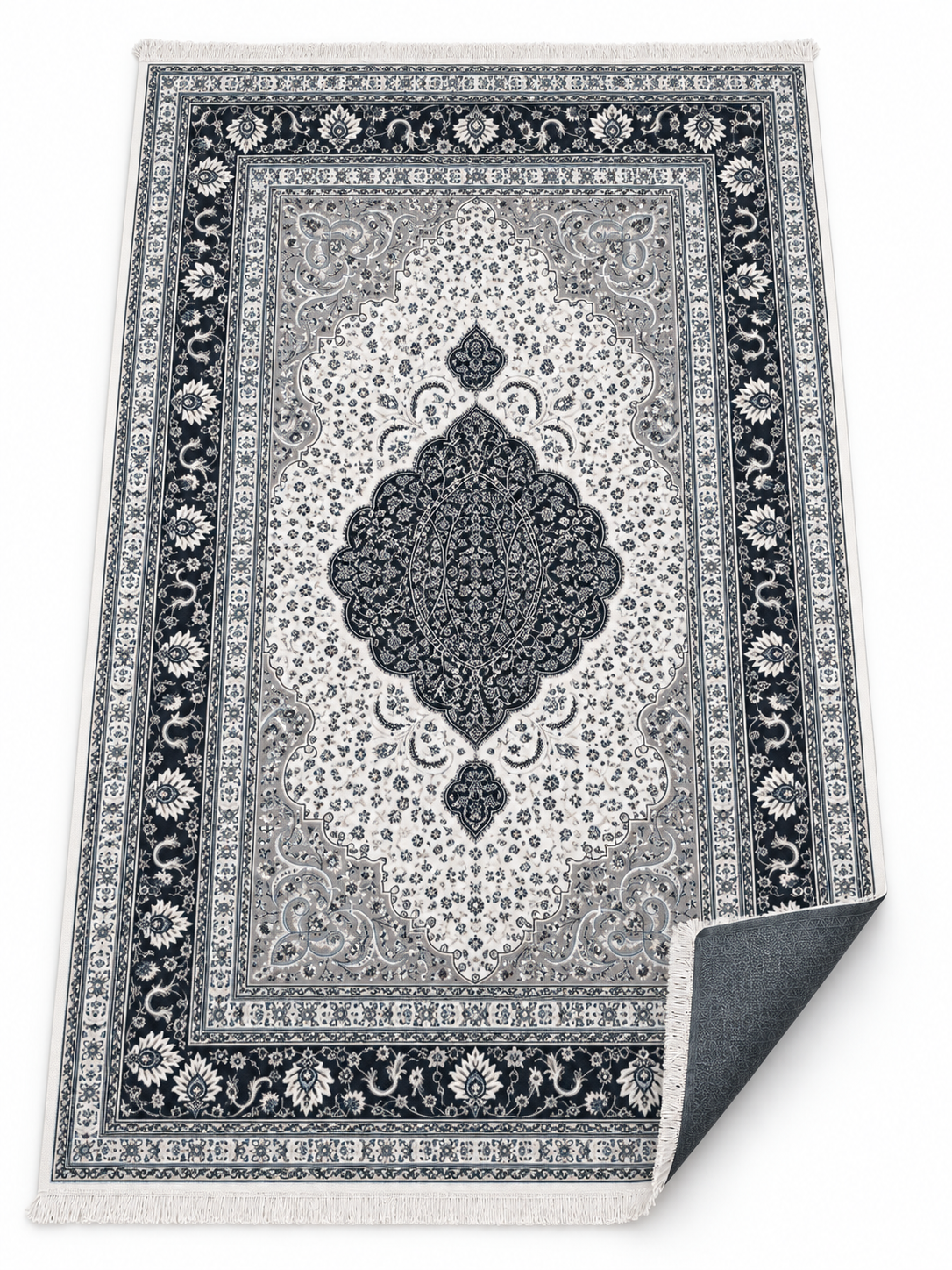 Porcelain – Luxury Velvet Rug, Navy & Ivory Traditional Design (LVC-504)