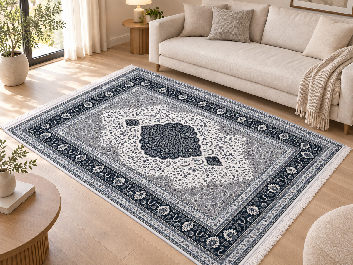 Porcelain – Luxury Velvet Rug, Navy & Ivory Traditional Design (LVC-504)