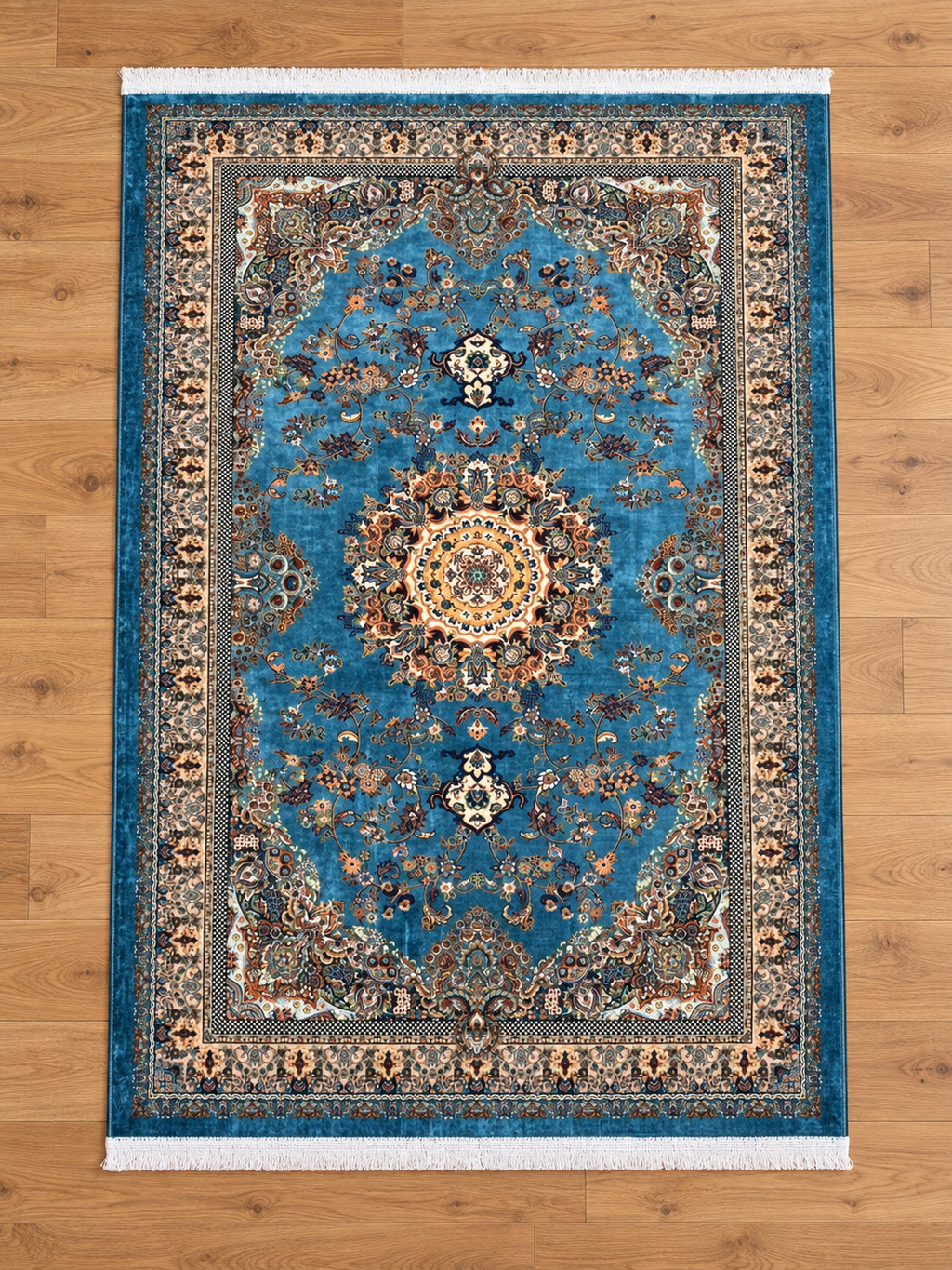 Riviera – Luxury Velvet Rug, Blue & Beige Traditional Design (LVC-508)