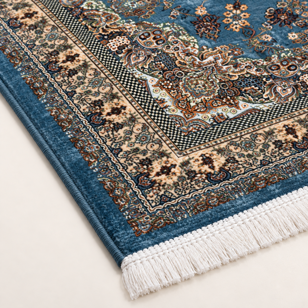 Riviera – Luxury Velvet Rug, Blue & Beige Traditional Design (LVC-508)