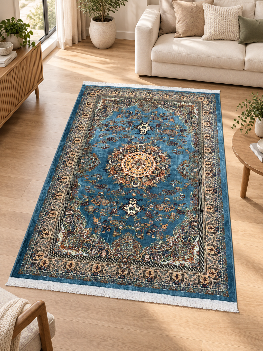 Riviera – Luxury Velvet Rug, Blue & Beige Traditional Design (LVC-508)