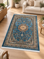 Riviera – Luxury Velvet Rug, Blue & Beige Traditional Design (LVC-508)