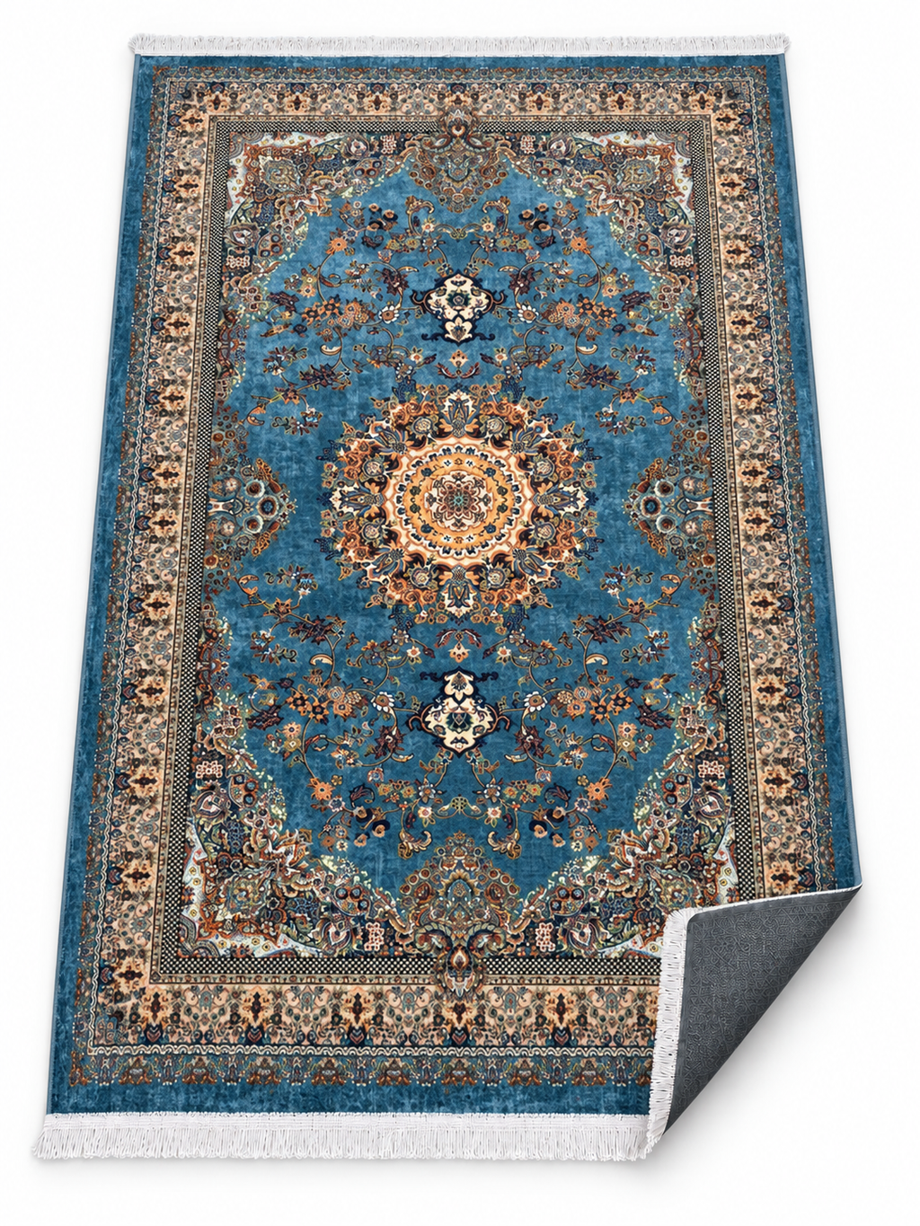 Riviera – Luxury Velvet Rug, Blue & Beige Traditional Design (LVC-508)