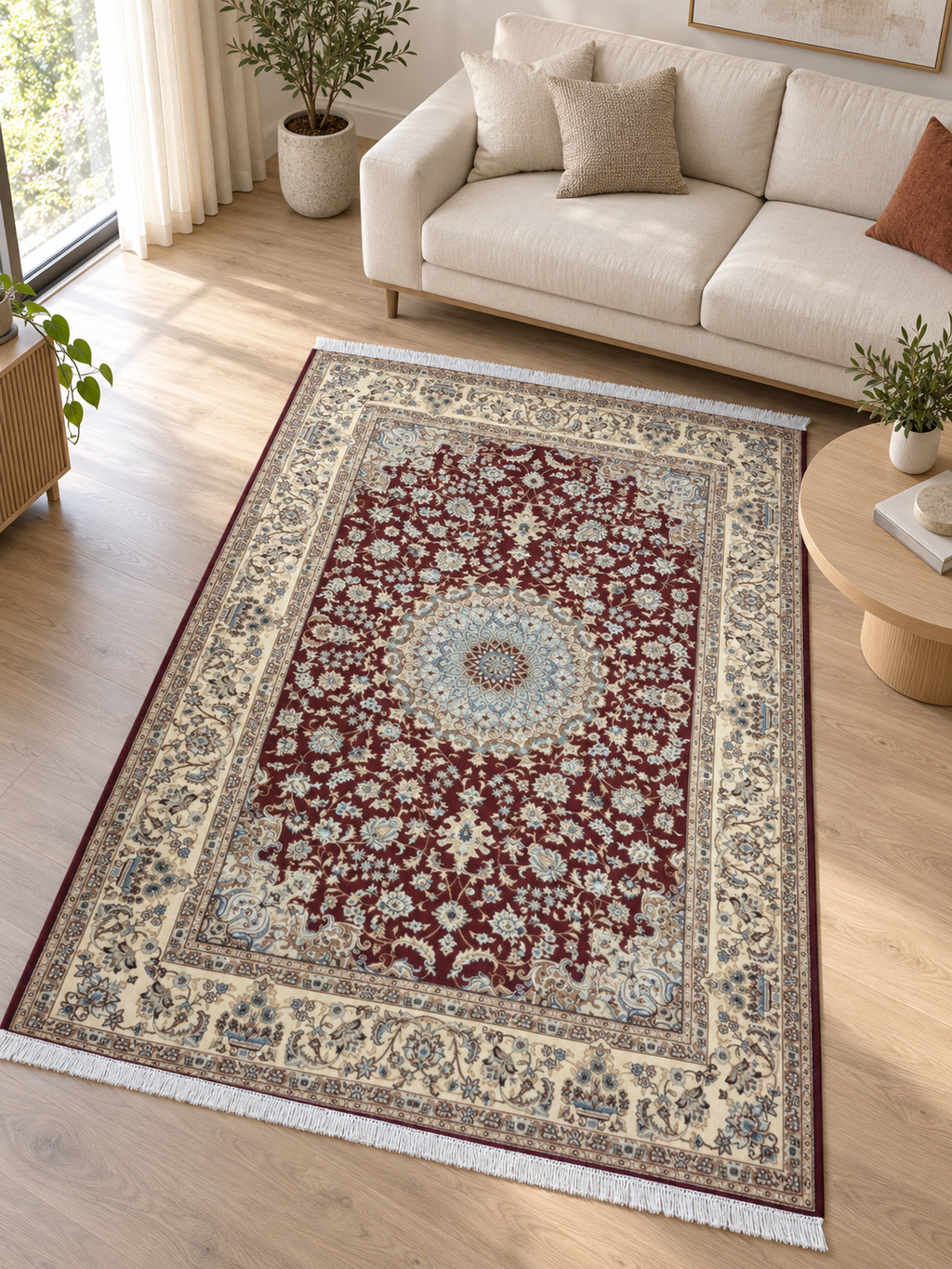 Ruby – Luxury Velvet Rug, Burgundy & Cream Traditional Design (LVC-510)