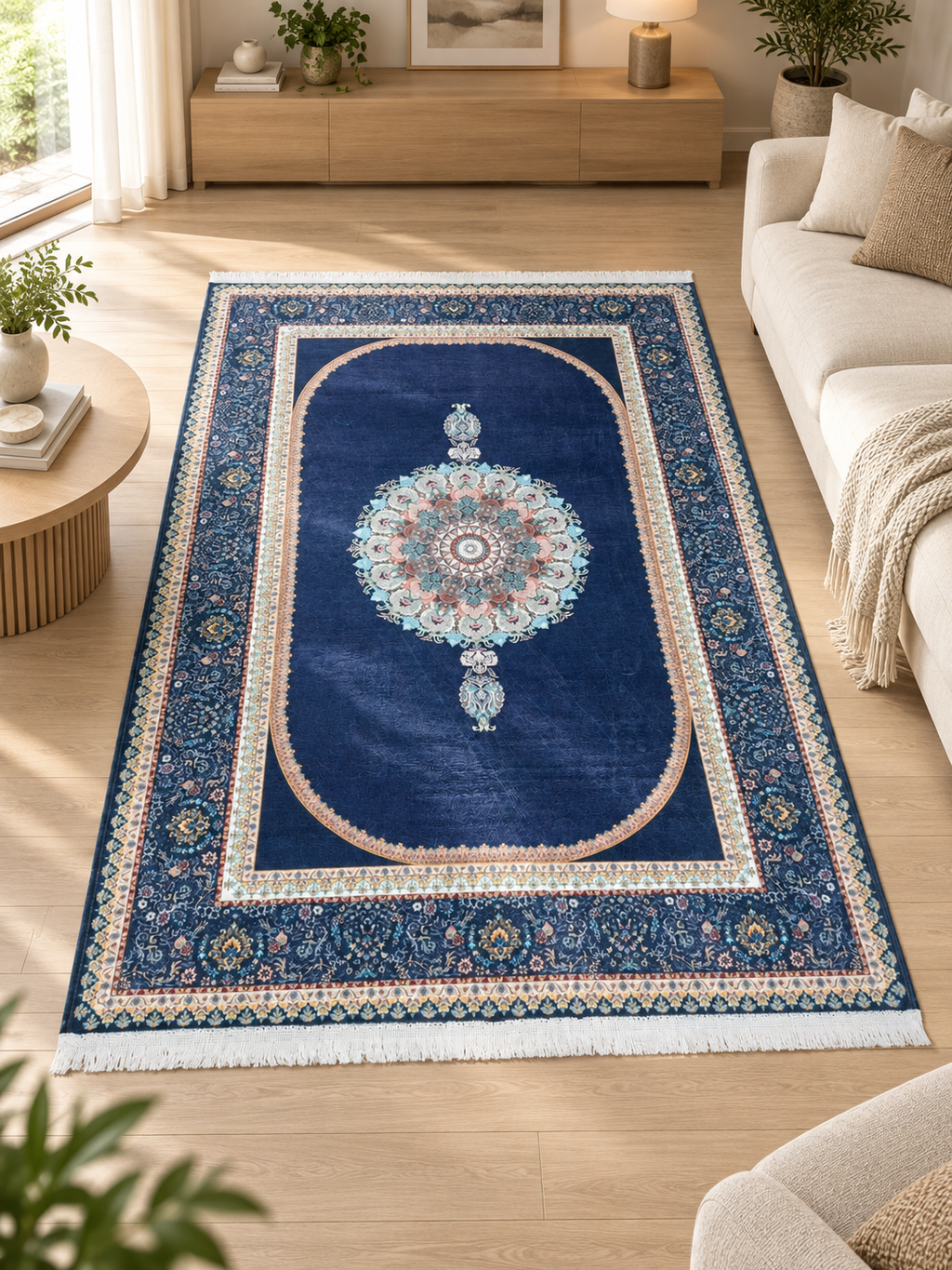 Regatta– Luxury Velvet Rug, Navy & Beige Traditional Design (LVC-506)