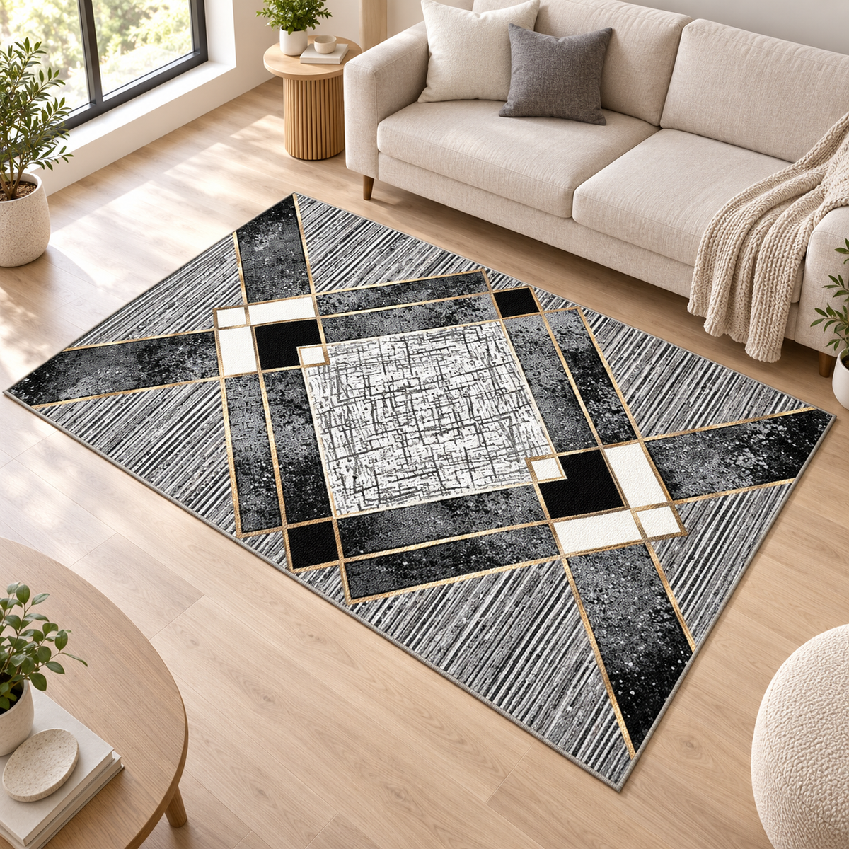 Gatsby – SuperSoft Velvet Rug, Grey & Black Modern Design (SV-116)