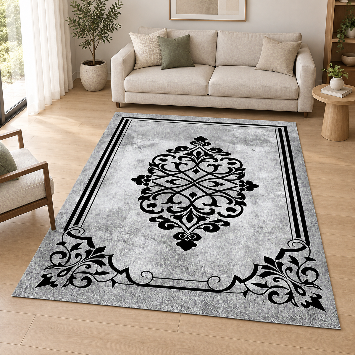 Saray – SuperSoft Velvet Rug, Grey & Black Classic Design ( SV-114)